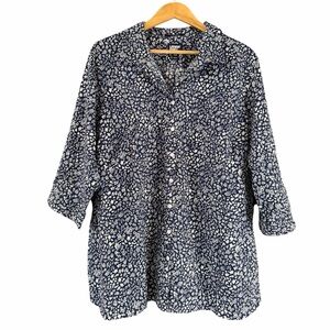 Lands End Womens Button Up Floral Top Size 24W Blue Elbow Sleeve Office Career
